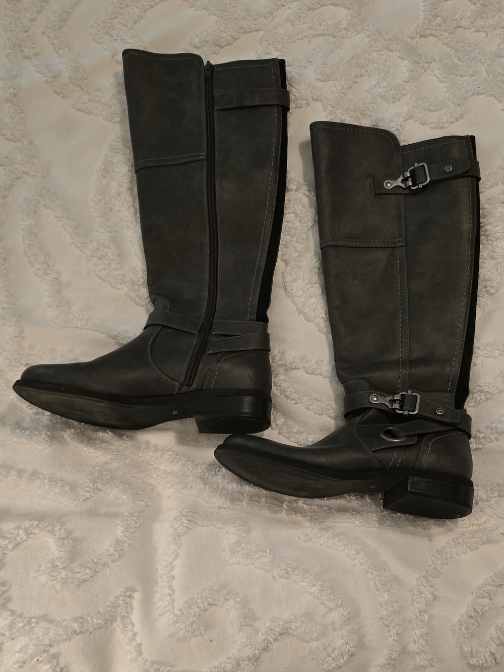 Guess Women's Tall Boots, Dark Gray, Side Zip & Stretch Panels In Back, Size 7